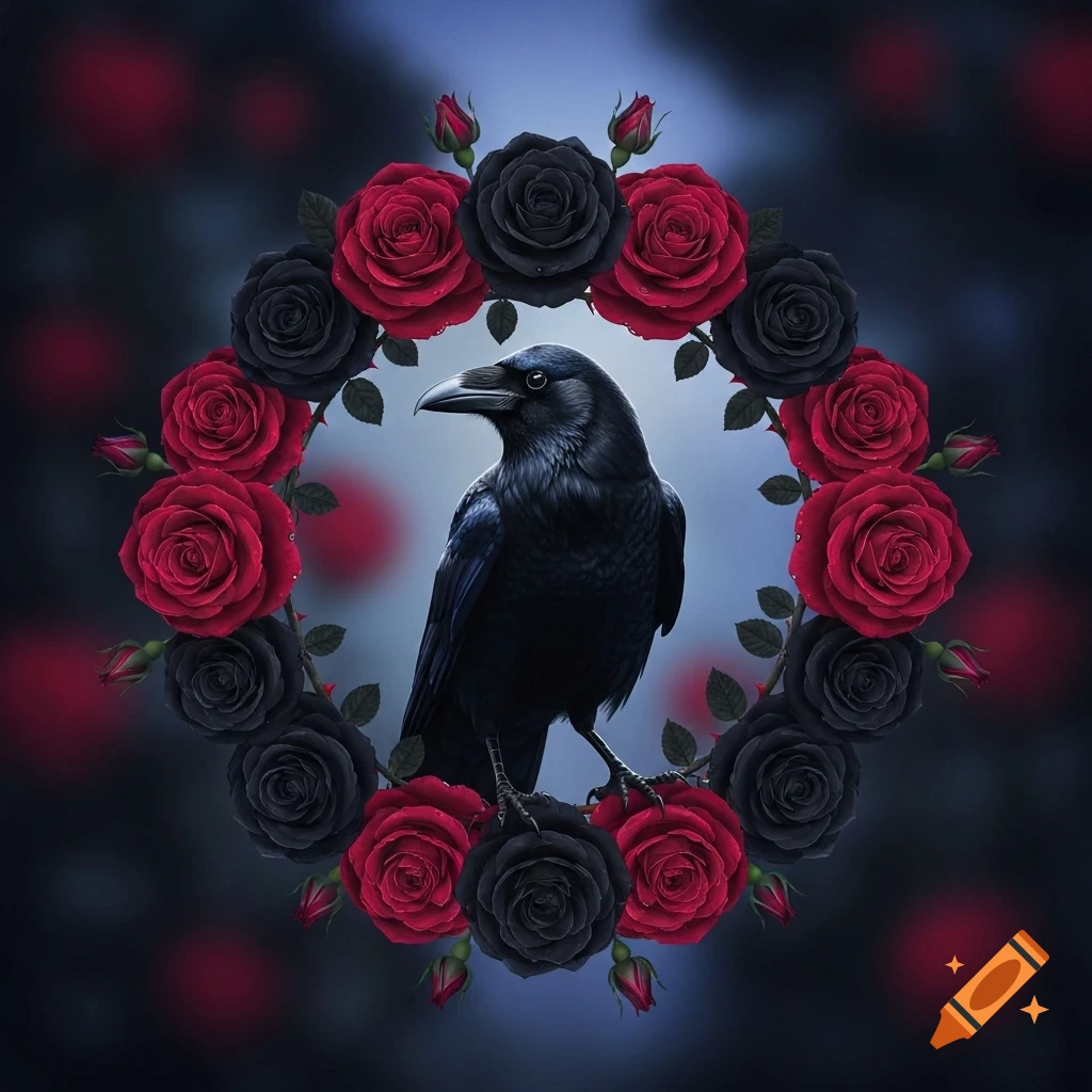 A black crow is framed by a wreath of detailed red and black roses and buds, against a dark, blurred background.
