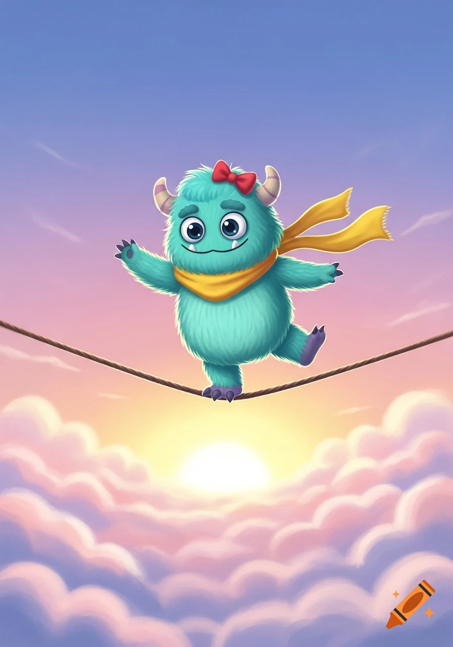 A cute teal monster with a red bow and yellow scarf balances on a tightrope above pink and purple clouds at sunset in a cartoon style.