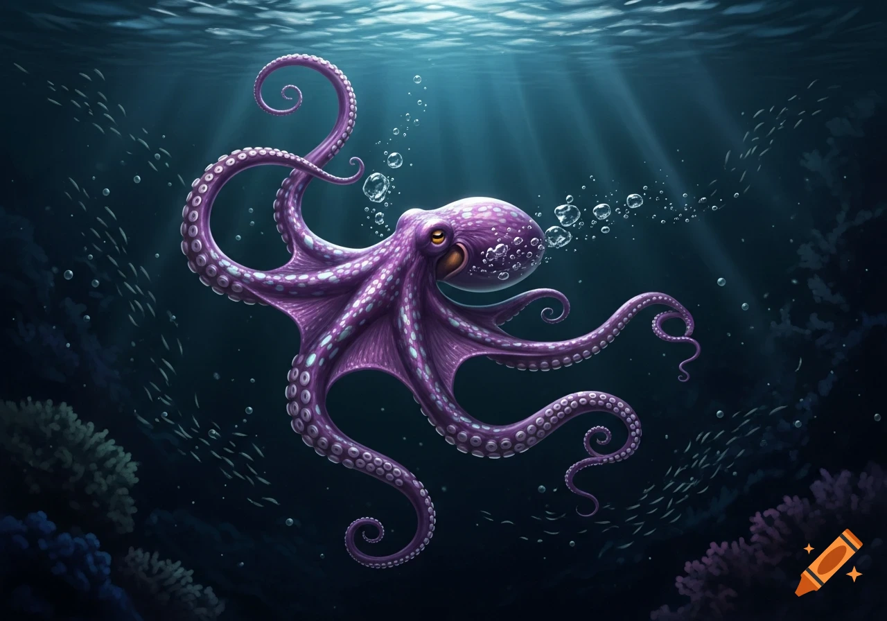 A vibrant, sparkling purple octopus swims under dark water, illuminated by light rays, surrounded by bubbles and coral.