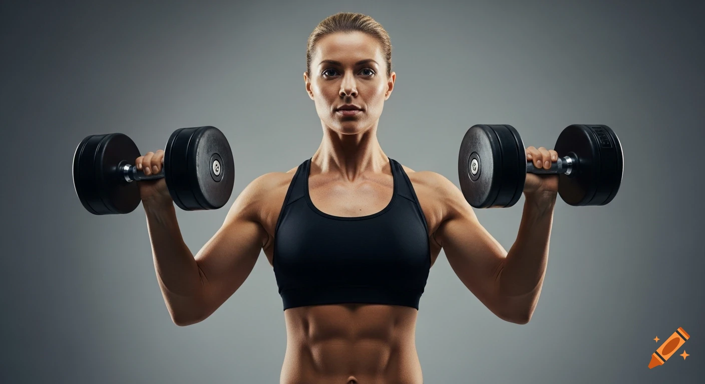 An athletic woman in a black sports bra holds two dumbbells, looking directly at the camera with a concentrated expression in a studio setting.
