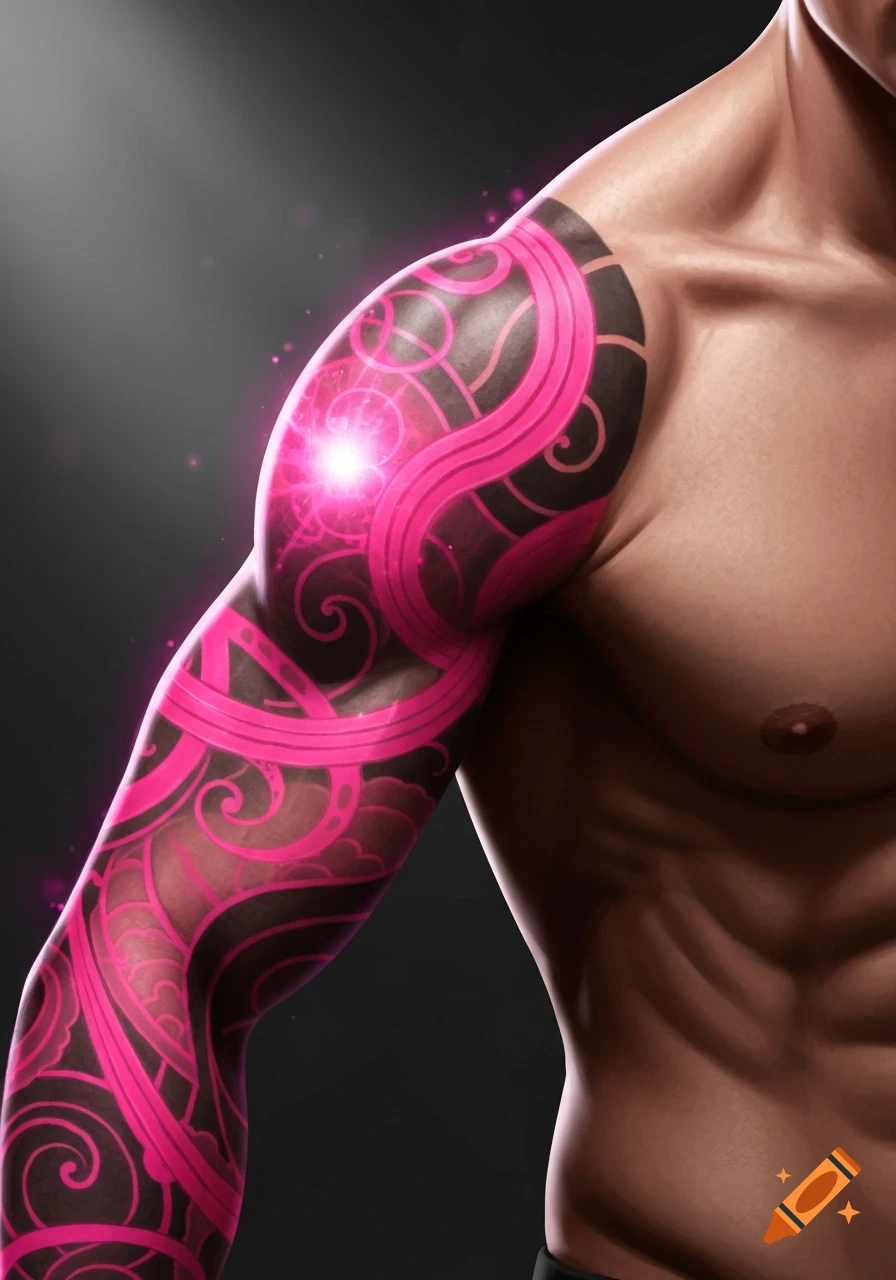 A muscular man's arm and torso adorned with a glowing, bright pink abstract sleeve tattoo.