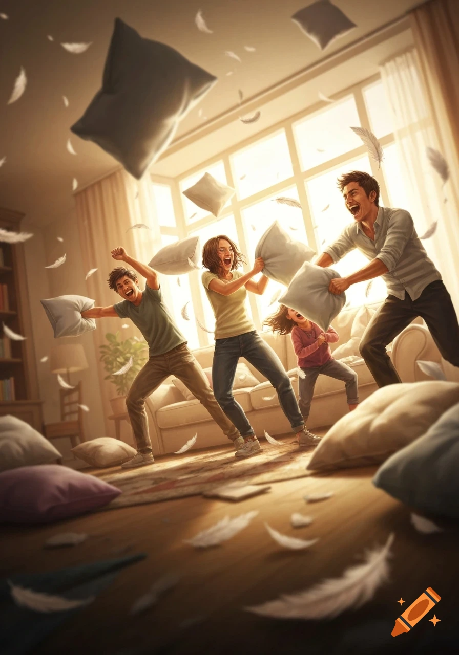 A family joyfully engages in a pillow fight in a sunlit living room, with feathers and pillows flying.