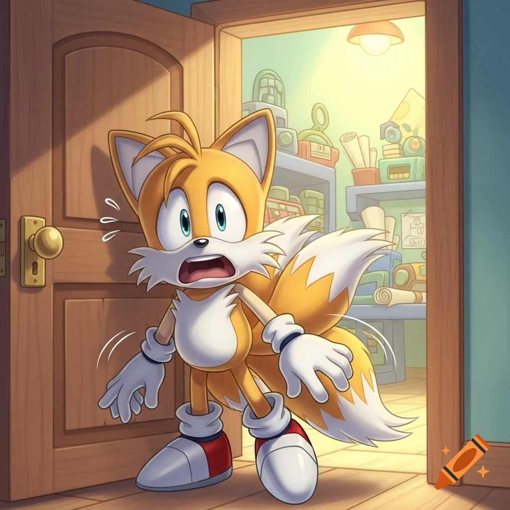 Tails, a yellow fox from Sonic the Hedgehog, looks panicked as his two tails are caught in a wooden door, yelping in pain.