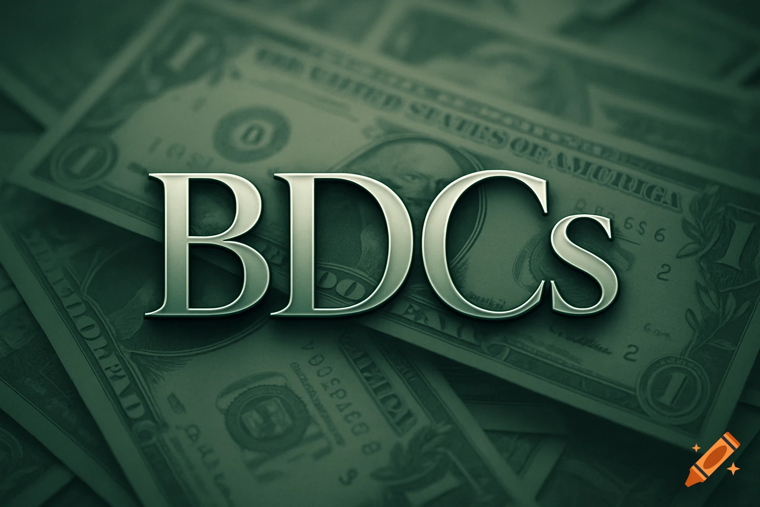 Metallic BDCs text over blurred green US dollar bills background.