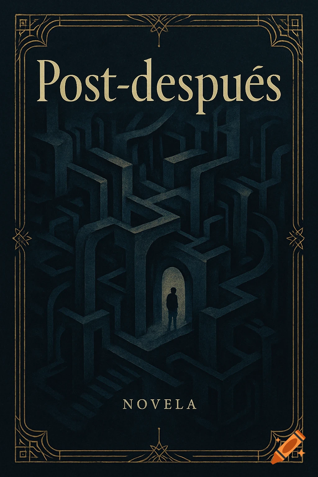 A dark book cover titled "Post-después" features a person within a complex, dark blue abstract maze, with elegant gold border details.
