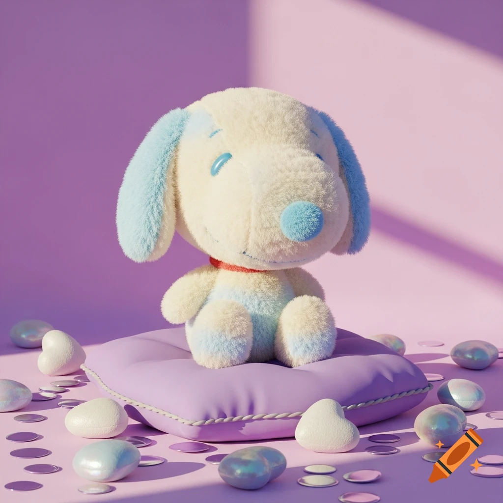 A cute white and blue Snoopy-like plush dog sits on a purple cushion, surrounded by confetti and heart-shaped pearls, against a purple background.