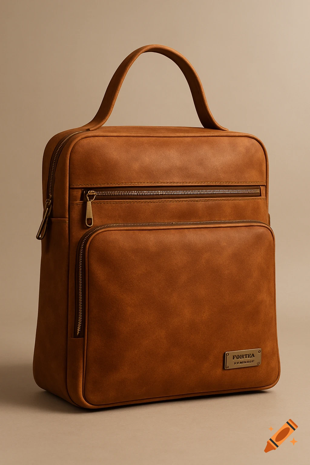A close-up of a brown leather-like shoulder bag with a top handle, multiple zippers, and a brand tag on a neutral background.
