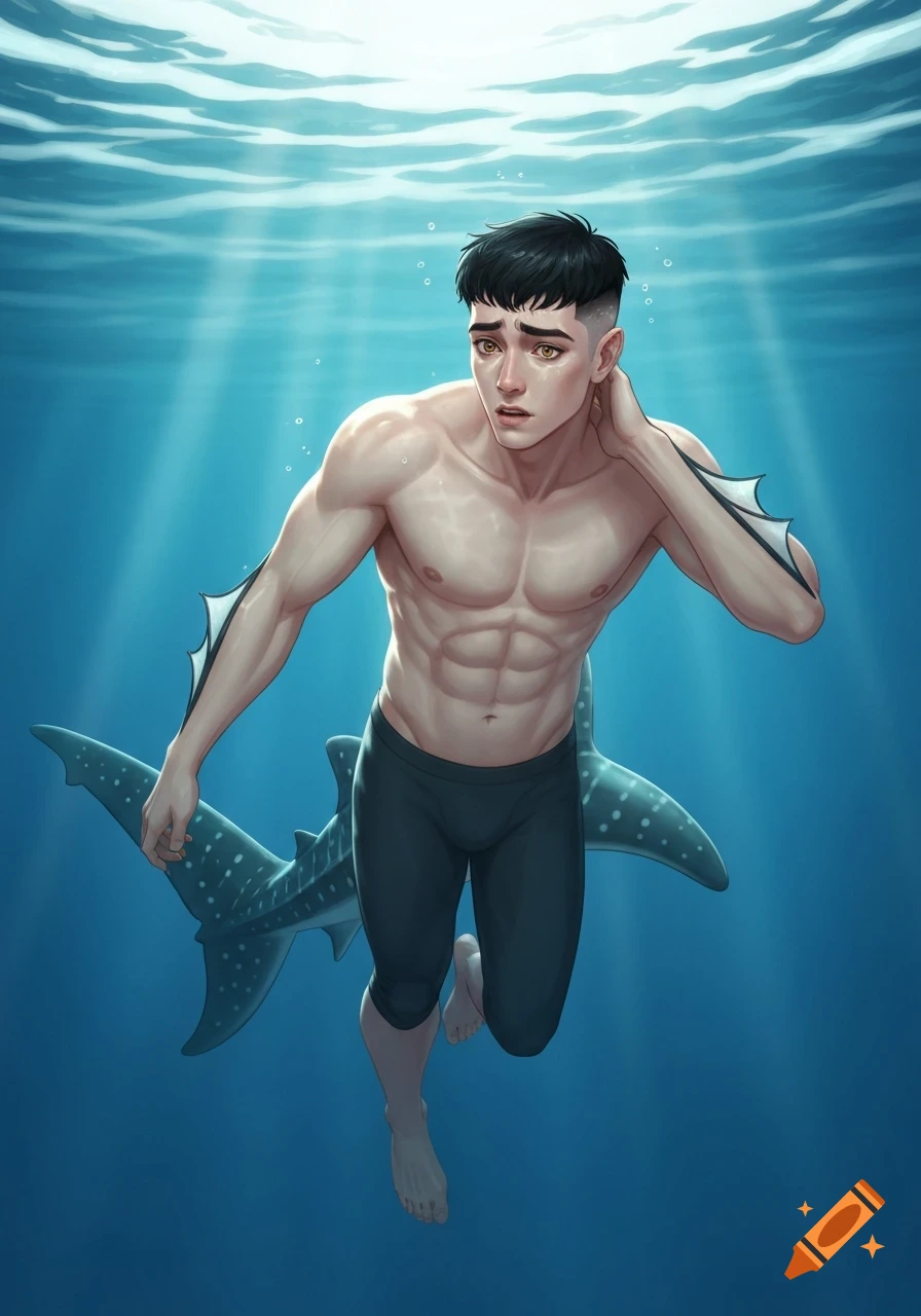A muscular young man with a whale shark tail and arm fins swims underwater, rubbing his neck with an uneasy expression in a semi-anime style.