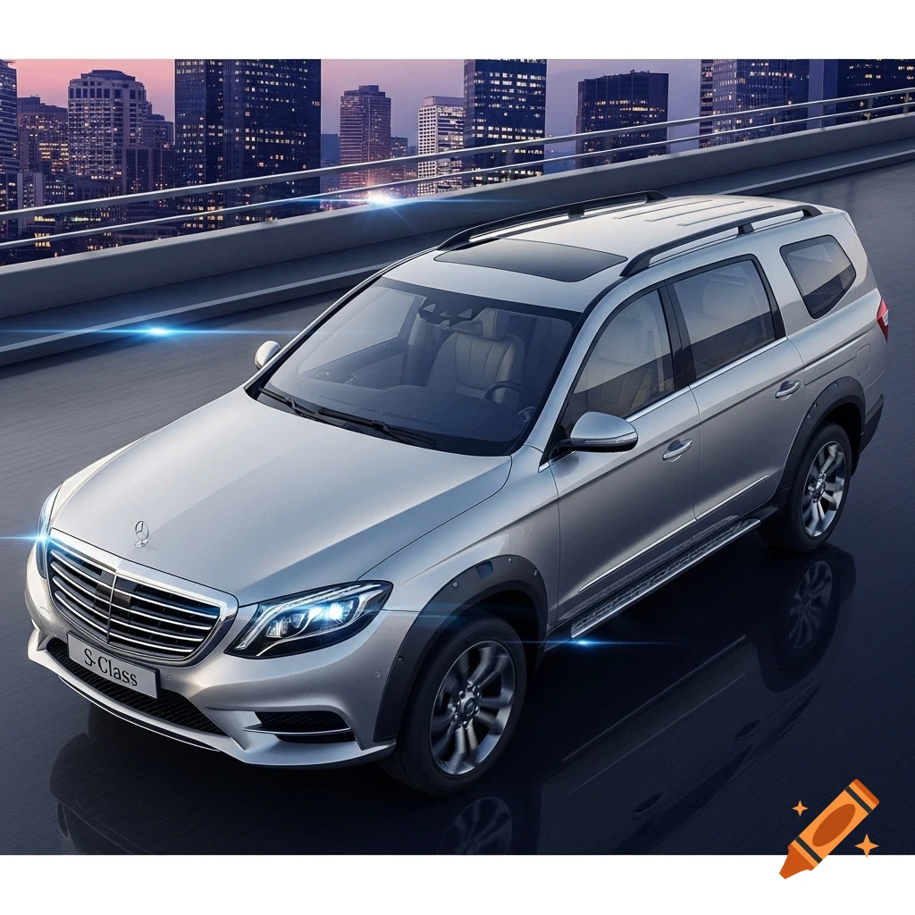 A sleek silver Mercedes-style SUV with 'S-Class' text on the front drives on an elevated road at dusk, against a city skyline.