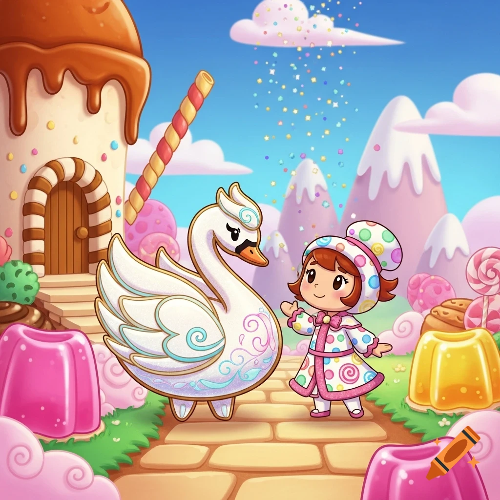 A cute cartoon character in a polka-dot outfit stands with a white swan in a whimsical candy land, surrounded by candy mountains and desserts.