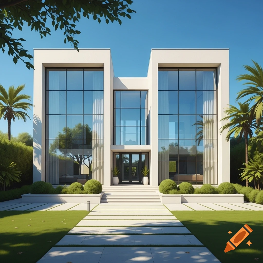 Modern white house with large glass windows, a path, green lawn, and ...