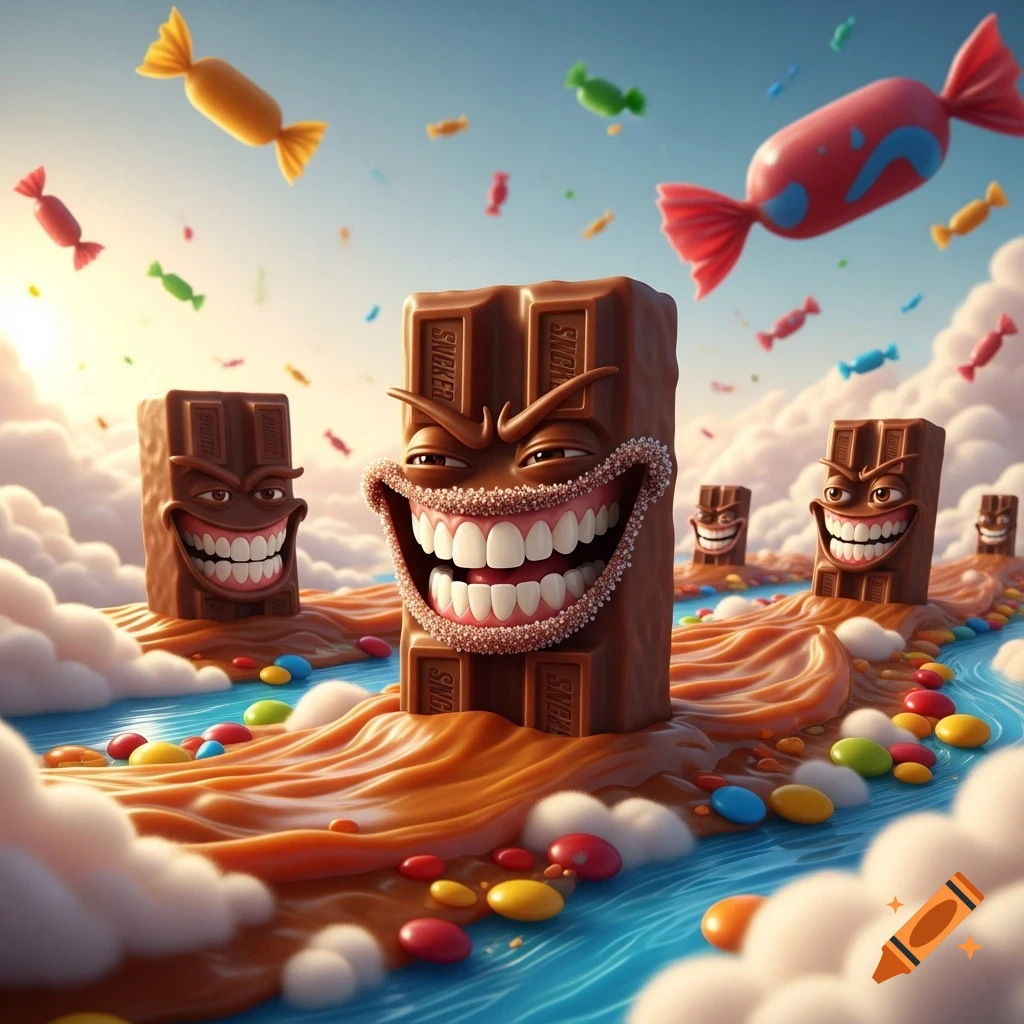 Detailed cartoon chocolate bars with big grins float on a caramel river alongside colorful candies, under a sky with floating sweets.