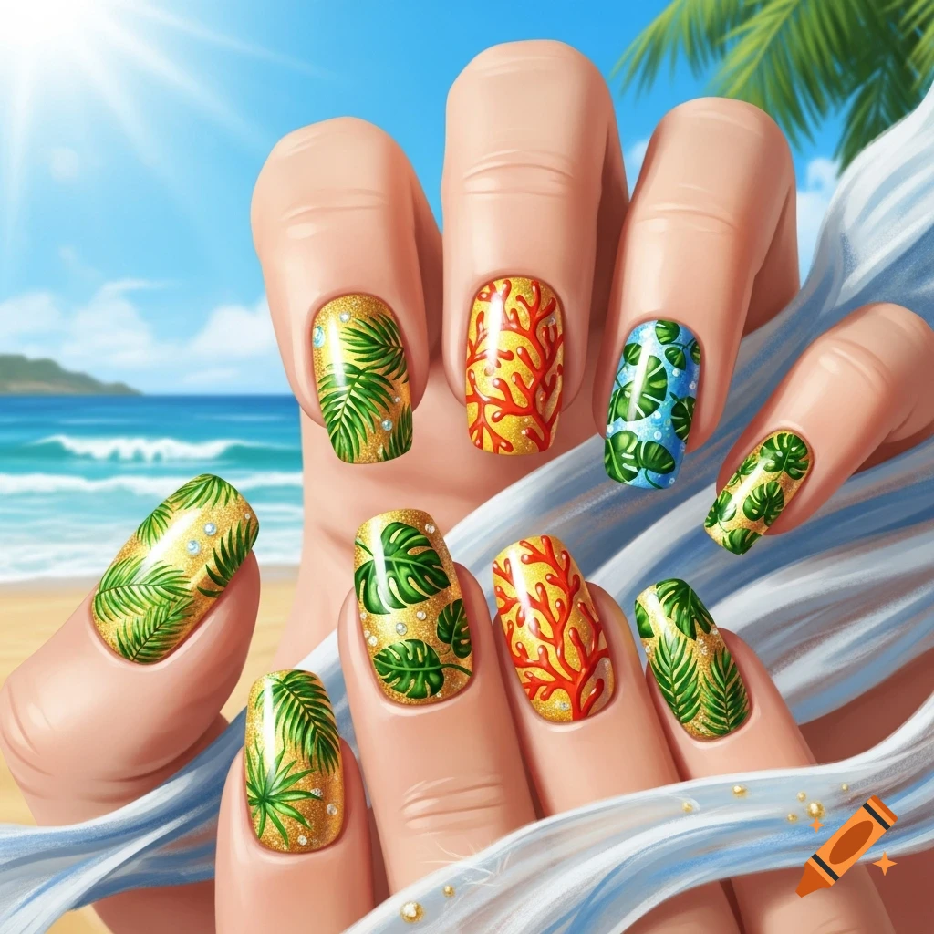 Vibrant illustration of fingernails with summer-themed designs including gold glitter, green leaves, red coral, and blue ocean patterns, against a sunny beach.