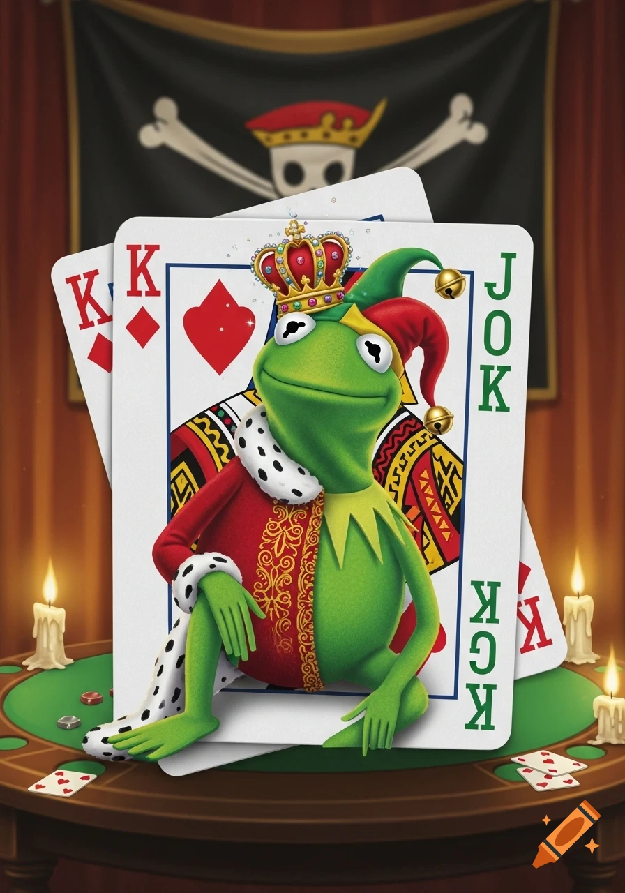 Kermit the Frog as a king and jester on stacked playing cards, with a pirate flag, candles, and poker chips in the background.