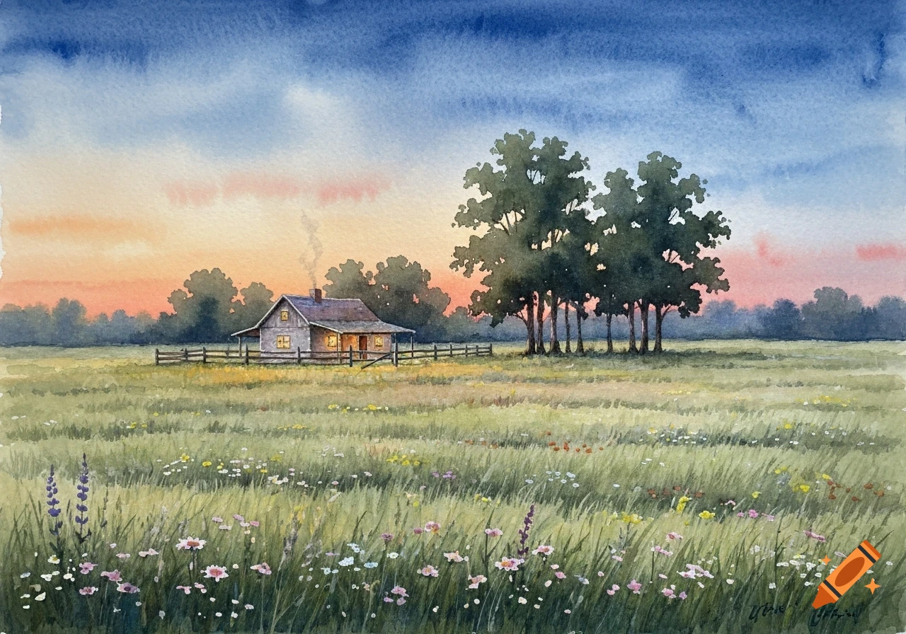 A watercolor painting of a rustic cottage with glowing windows at twilight, surrounded by a fence and a field of wildflowers and trees.