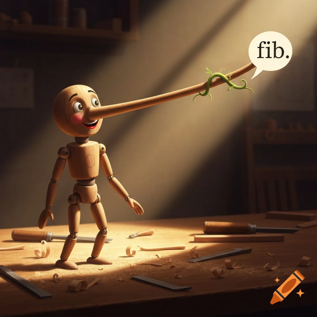 A wooden Pinocchio puppet with a long nose and vines, standing on a woodworking bench, with a speech bubble saying 'fib.'