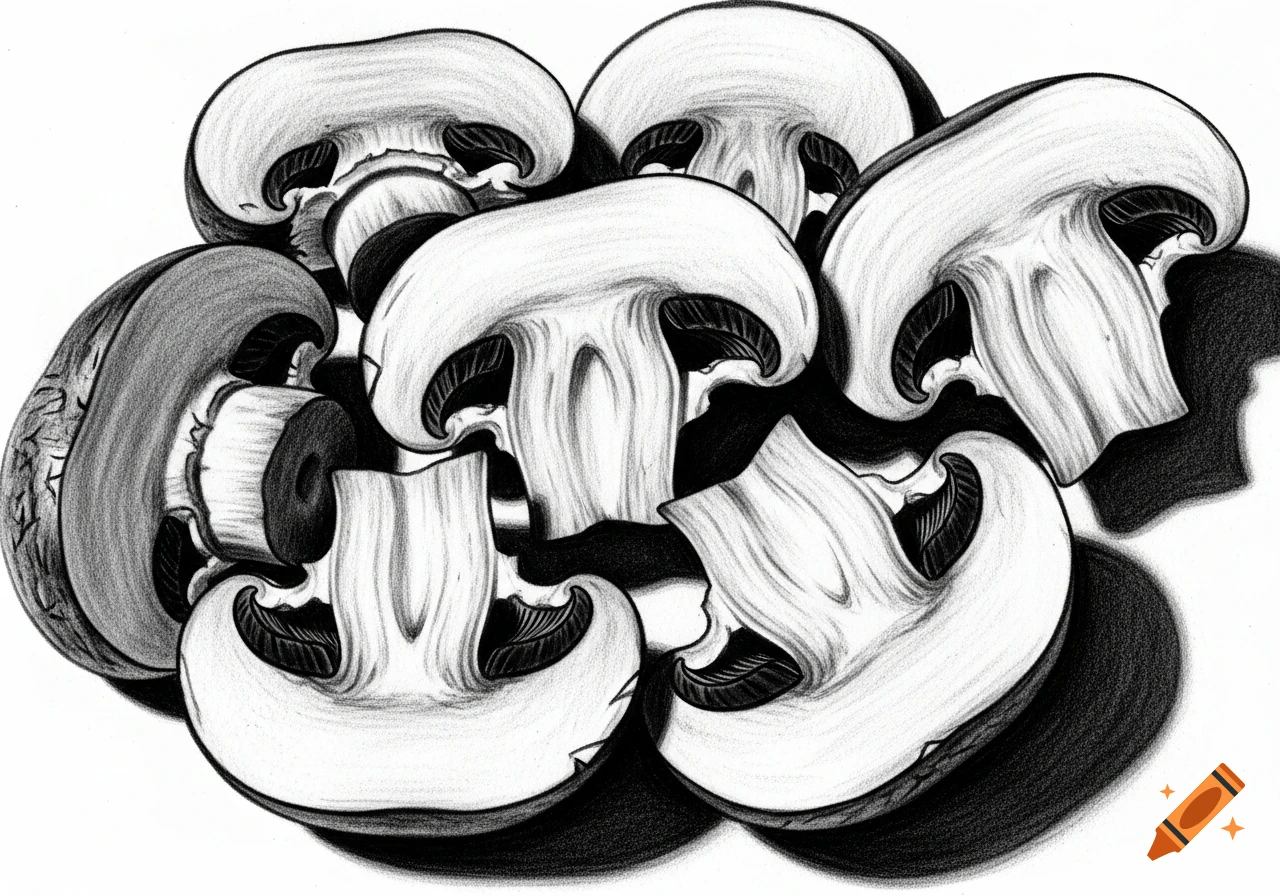 Black and white pencil drawing of several champignon mushrooms, some quartered and some half-sliced.