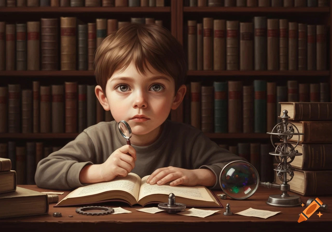 A young boy with a magnifying glass reads an open book at a wooden desk in a library.