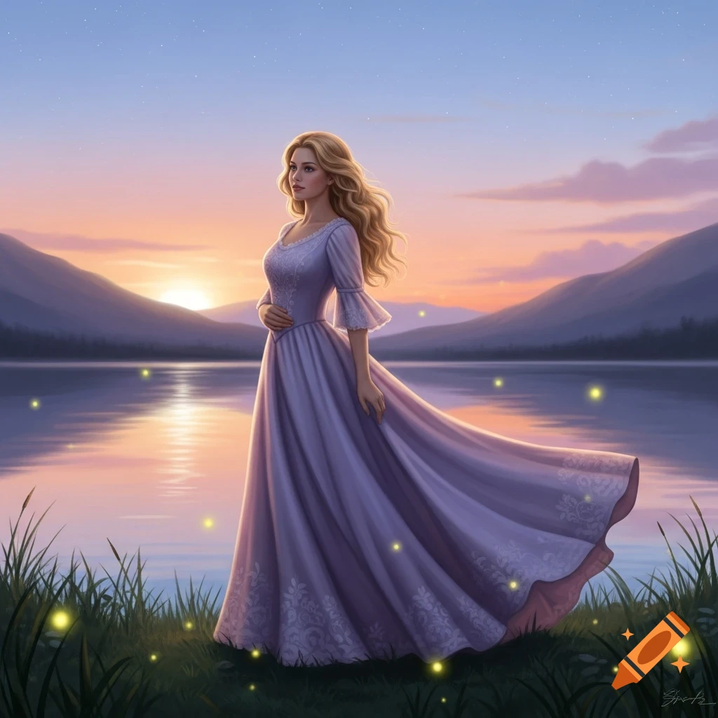 A woman in a flowing purple dress stands by a lake reflecting a sunset ...