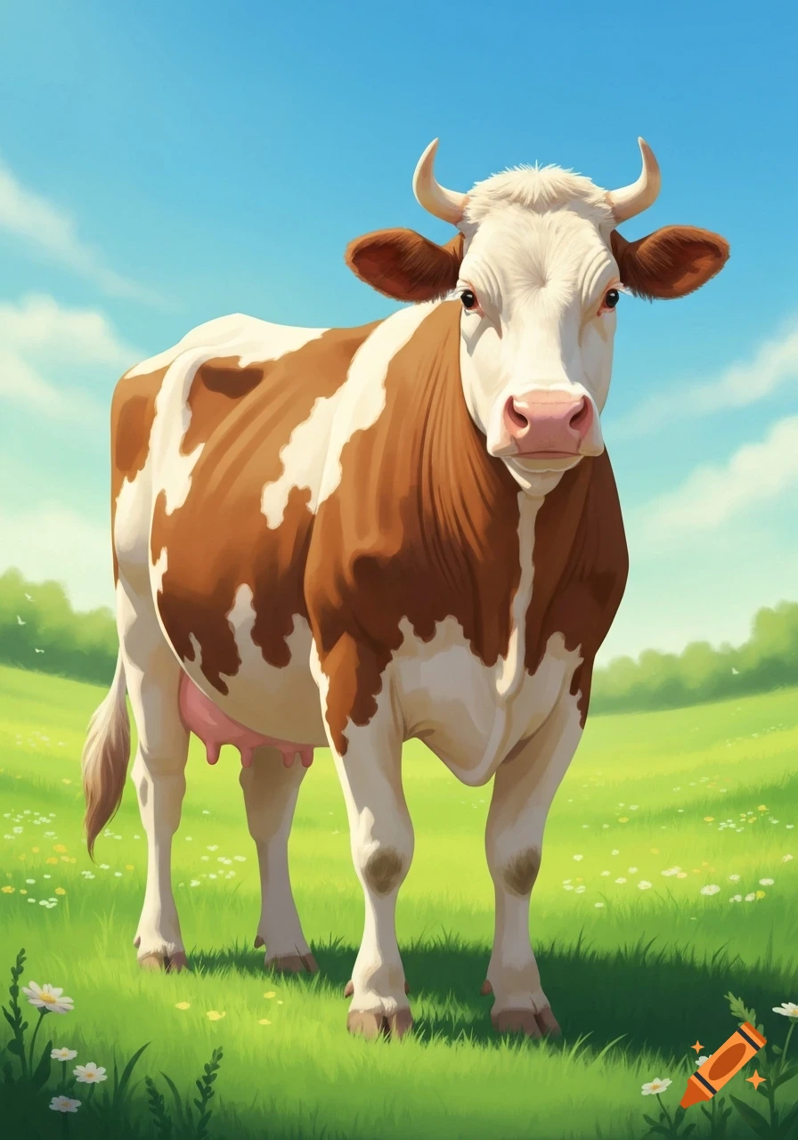 A brown and white cow stands in a green field filled with small flowers under a bright blue sky, in a cartoon style.