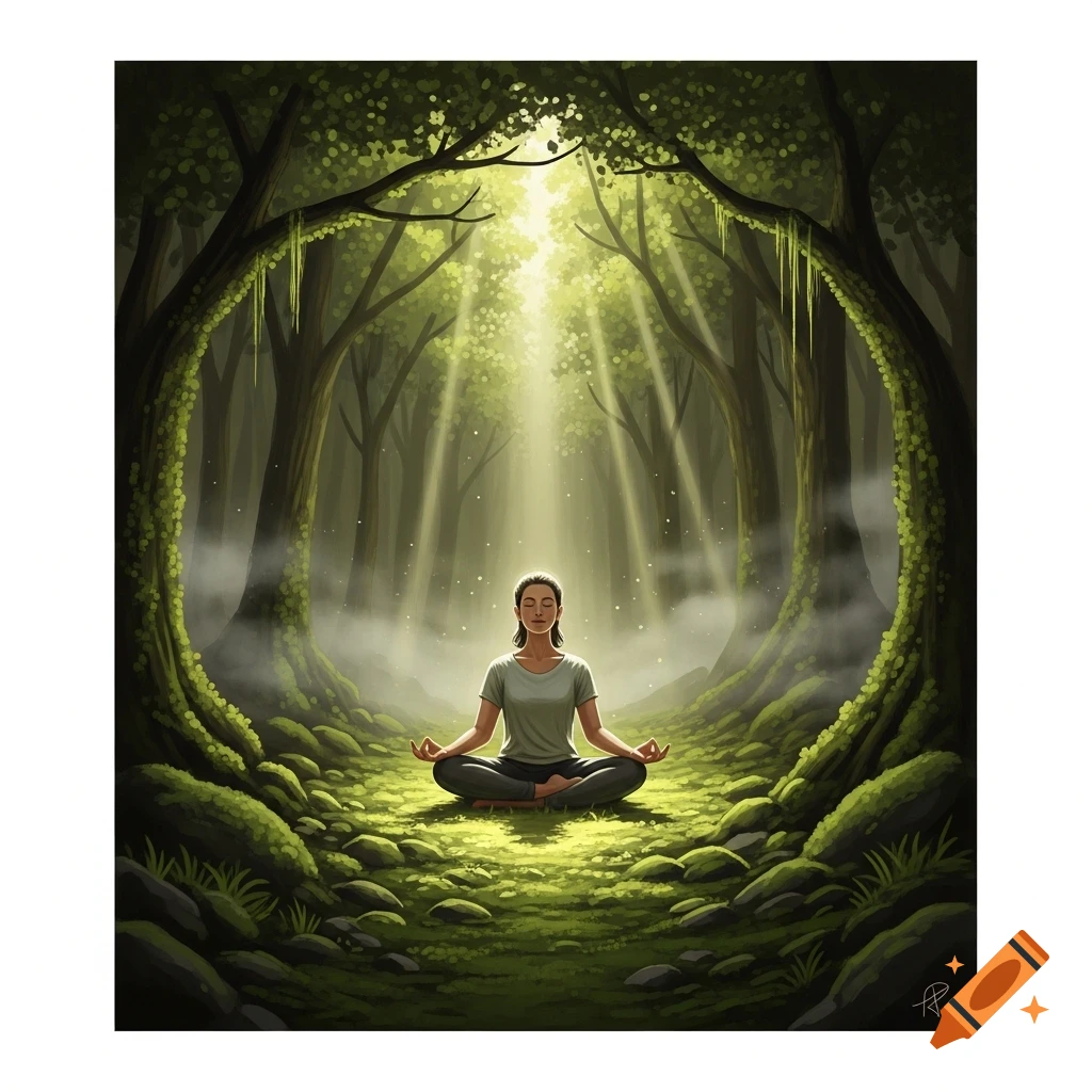 A person meditates in a vibrant, sun-dappled forest, surrounded by lush green foliage and mystical mist.