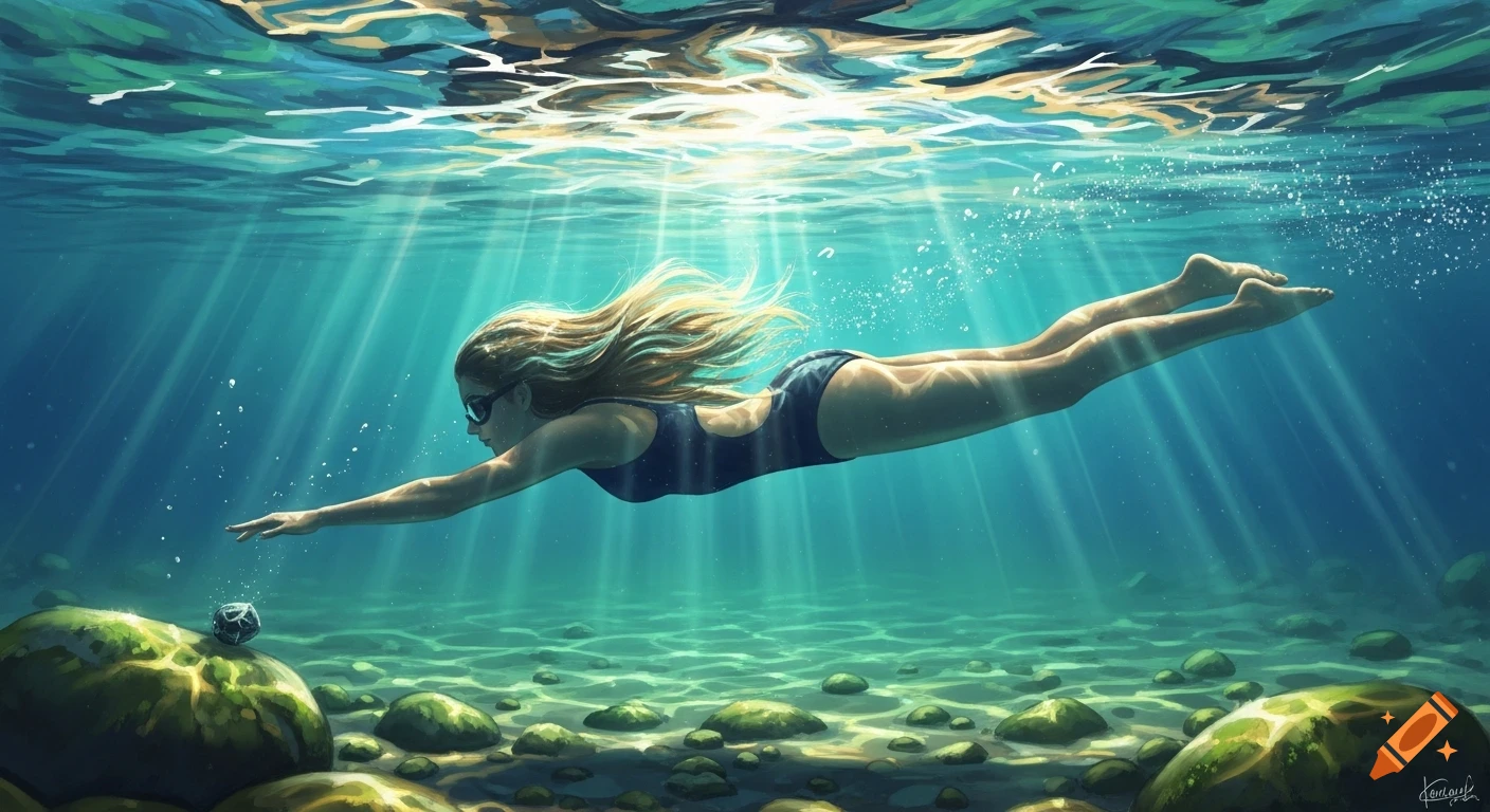 A female swimmer in a swimsuit glides headfirst underwater, light rays pierce the shimmering blue water above large green rocks on the lakebed.