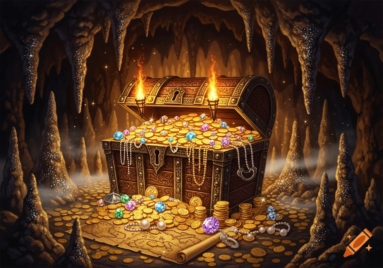 An open treasure chest overflows with gold coins, colorful gems, and pearl necklaces in a dark, misty cave with sparkling stalactites.