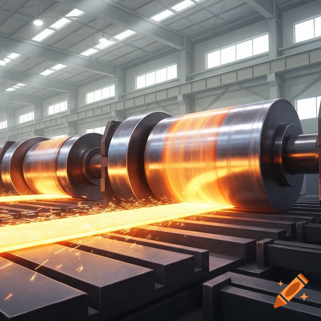 Photorealistic image of a glowing hot metal bar being shaped by large industrial rollers in a brightly lit factory.