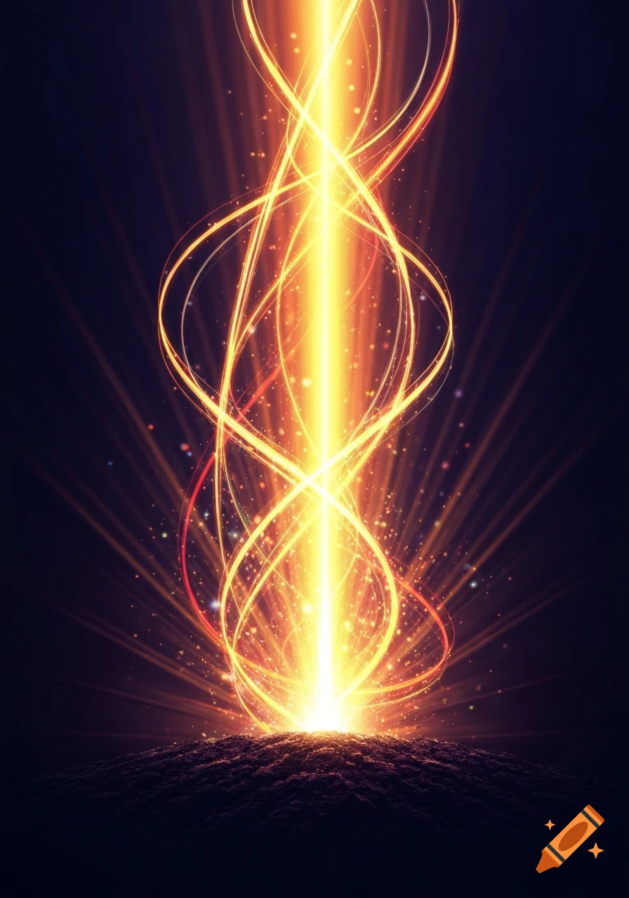 Bright golden and orange light beams, sparkling particles, and glowing lines emanate from a textured ground into a dark background.