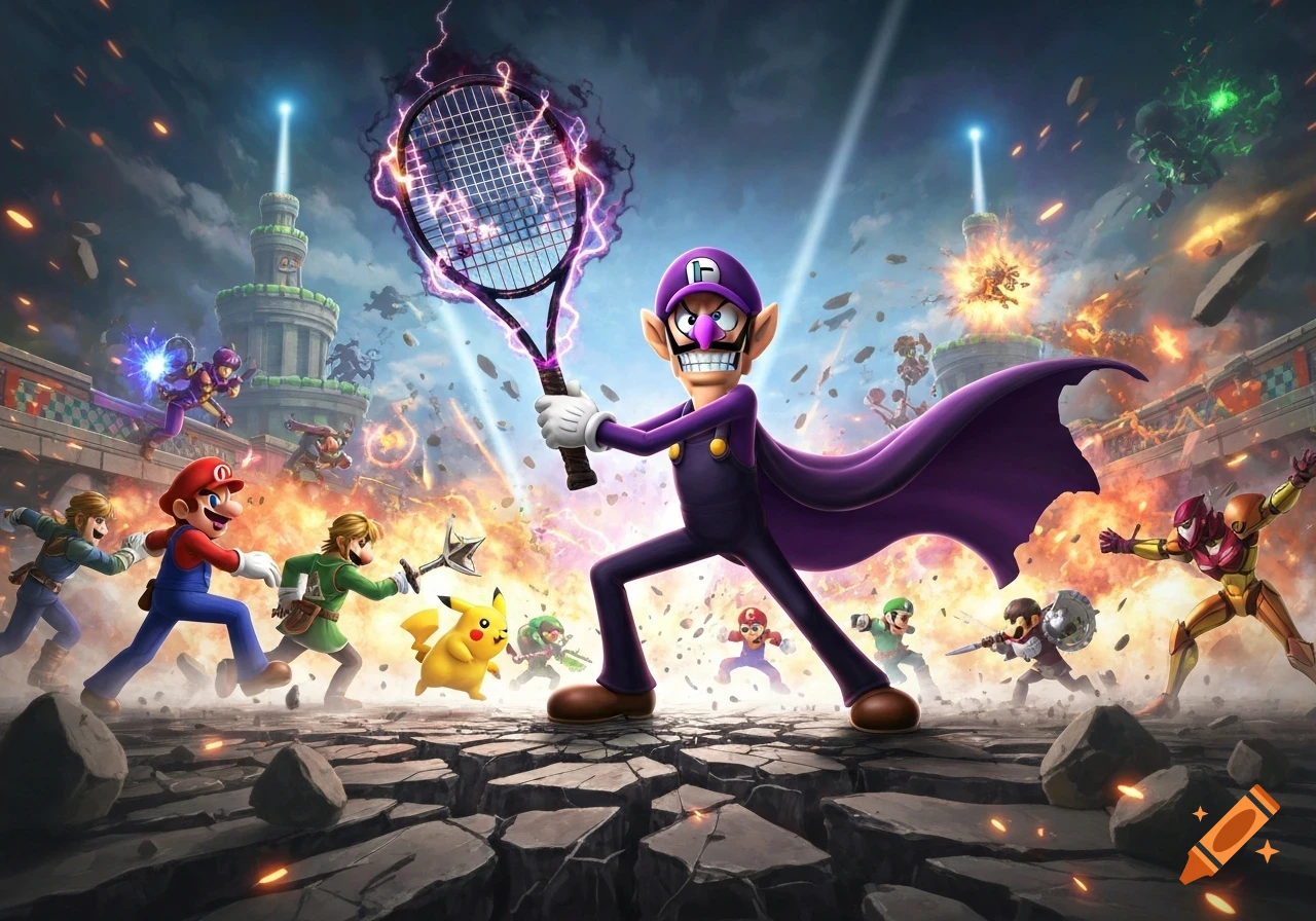 Waluigi with an electric tennis racket leads an epic Super Smash Bros. battle featuring Mario, Link, Pikachu, and Samus.