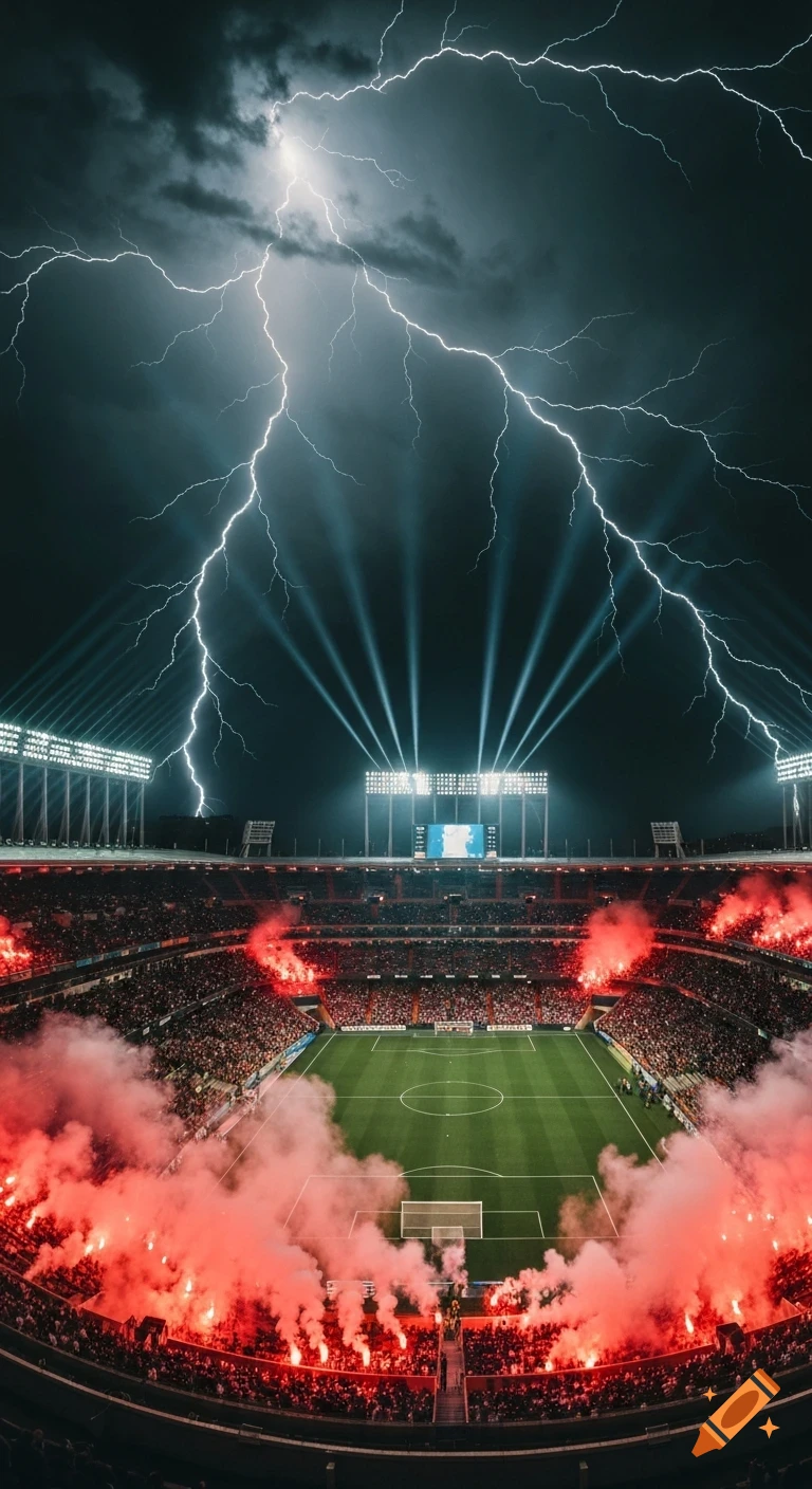 Wide-angle shot of a packed stadium at night with red flares and smoke, illuminated by floodlights and lightning in a dark sky.