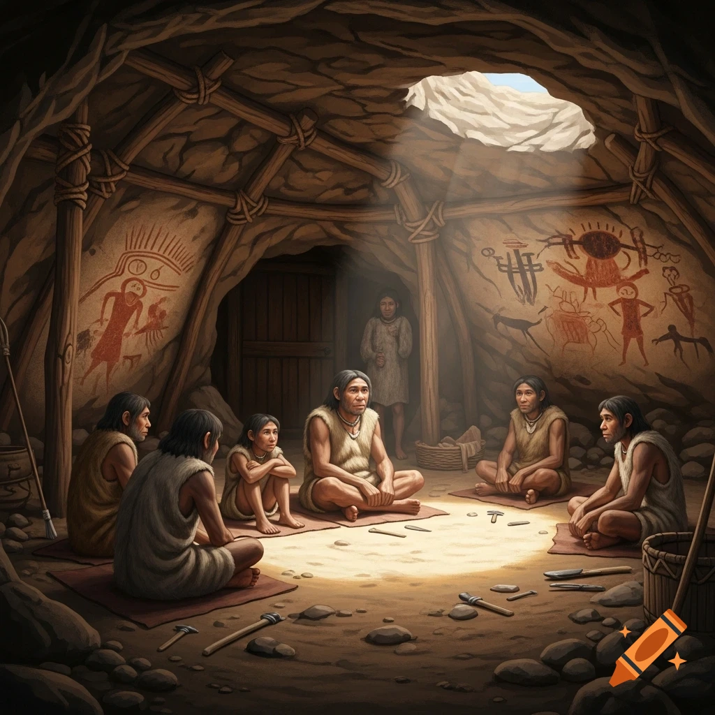Prehistoric people in animal skins sit on mats inside a warmly lit cave adorned with ancient cave paintings, with tools on the ground.