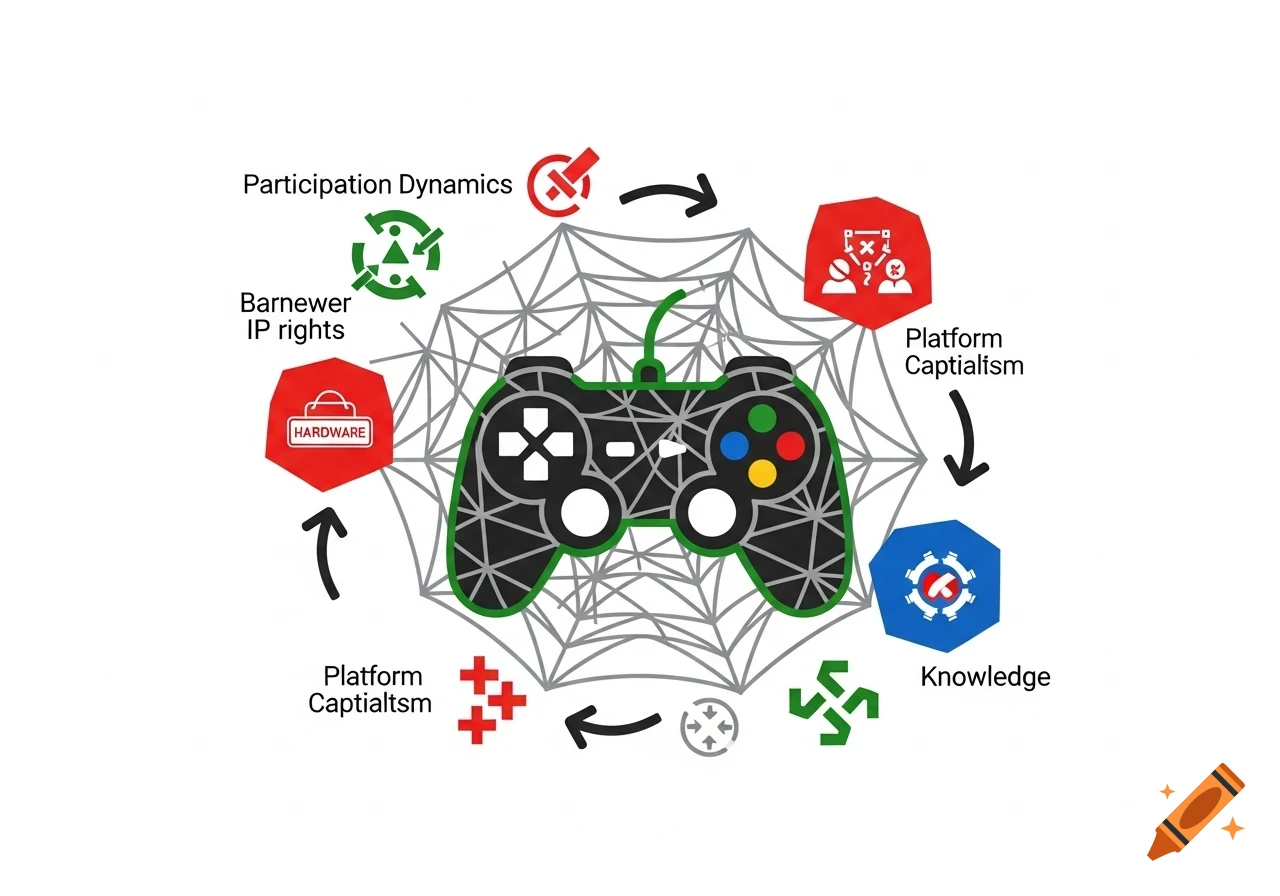 A diagram with a game controller at the center of a web, surrounded by hexagons with icons and text related to gaming economics.
