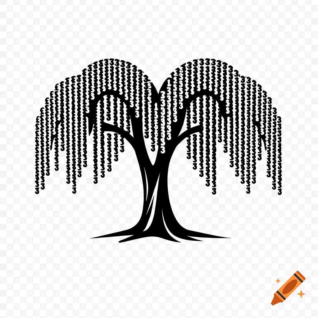 Minimalist black logo of a weeping willow tree, with its leaves formed by repeating number 3s, on a transparent background.