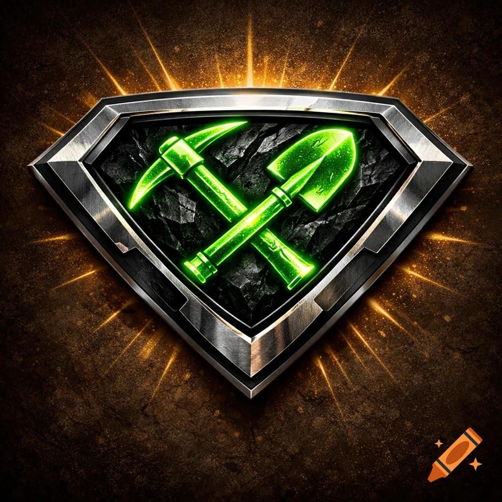 Diamond-shaped metallic logo with a glowing green pickaxe and shovel crossed over a rocky background, surrounded by golden light rays.