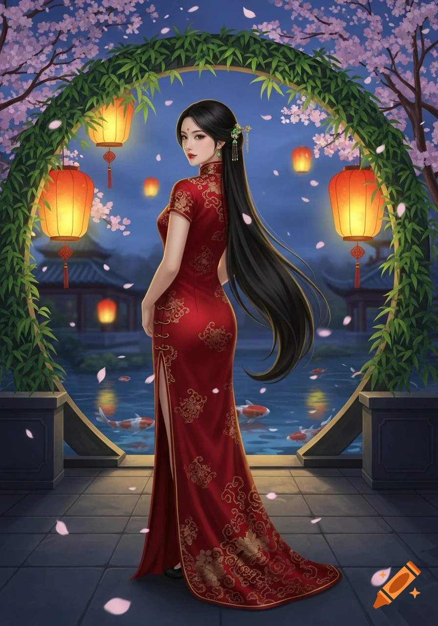 A Chinese woman in a red traditional dress stands in a moonlit garden with lanterns, cherry blossoms, and koi fish.