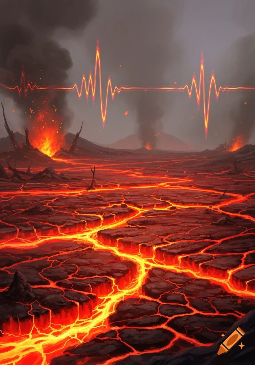 A dark, smoky volcanic landscape with bright orange-yellow rivers of lava and erupting volcanoes under a grey sky, with a glowing red heartbeat-like line stretching across the horizon.