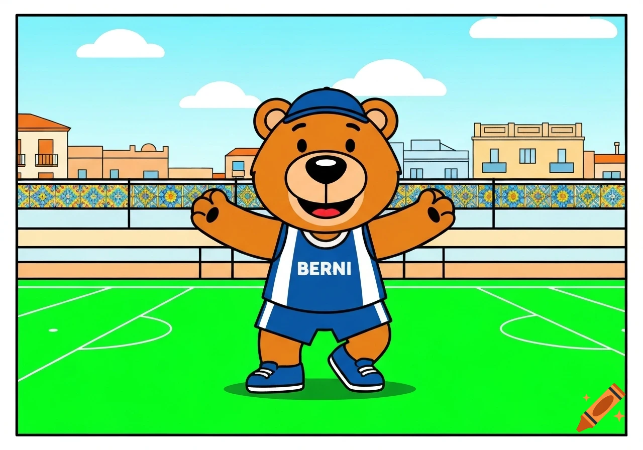 A cartoon bear mascot, Berni, in a blue soccer uniform, stands on a green field with stadium seating and buildings in the background.