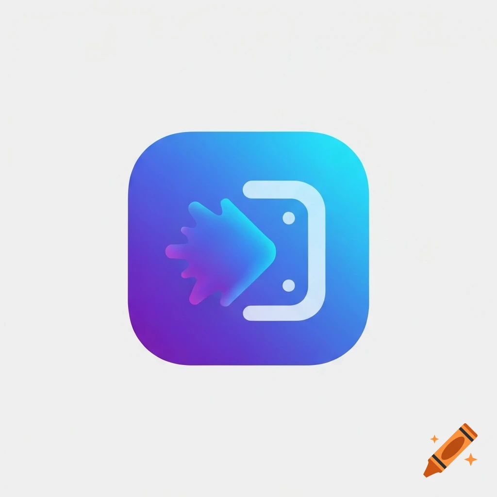A sleek, minimalist app icon with a blue to purple gradient, featuring an abstract splash-like arrow pointing into a white bracket shape.