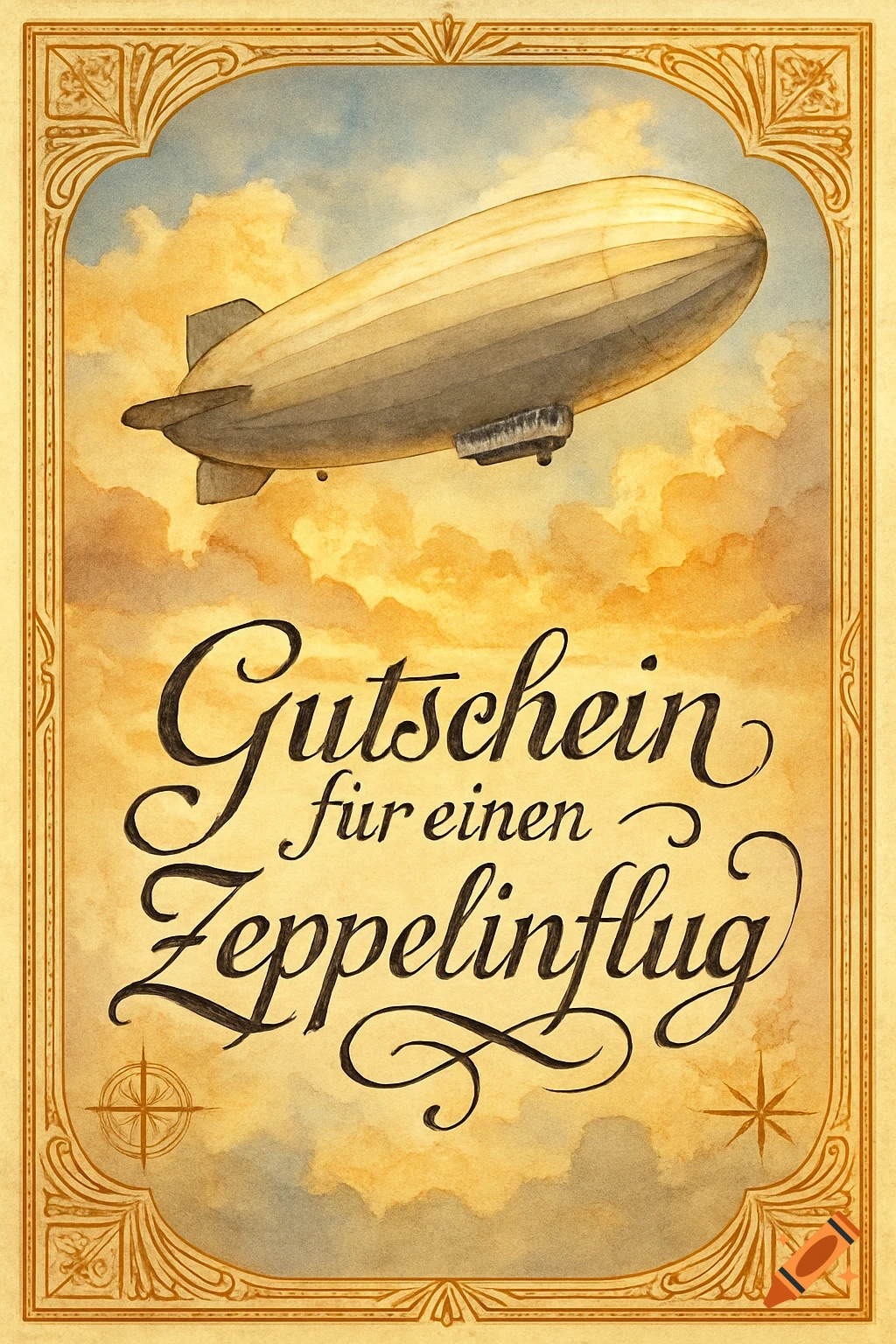 A vintage watercolor illustration depicting a zeppelin flying among clouds, framed by an ornate border, with the text "Gutschein für einen Zeppelinflug" (Voucher for a Zeppelin Flight).