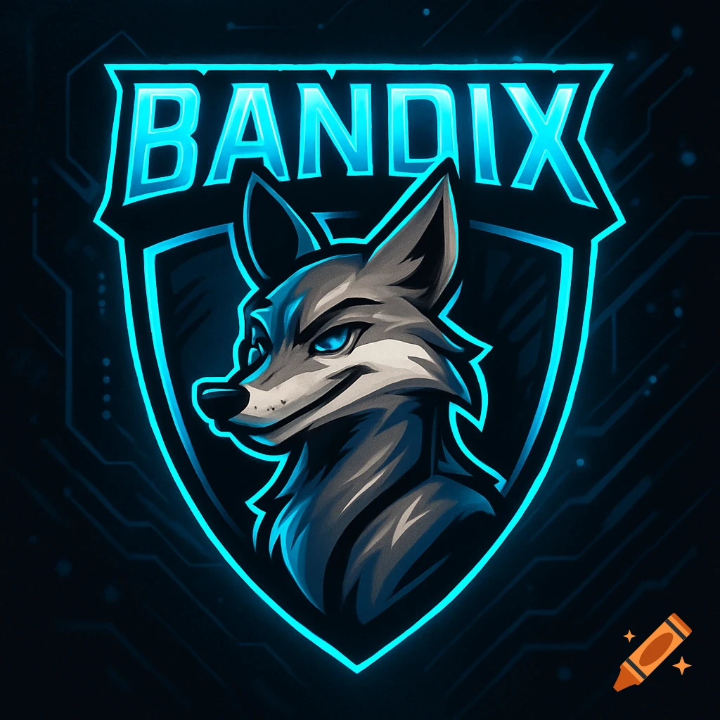 Gaming logo with a stylized gray coyote head in a shield, text 'BANDIX' above, all glowing in blue neon on a dark background.