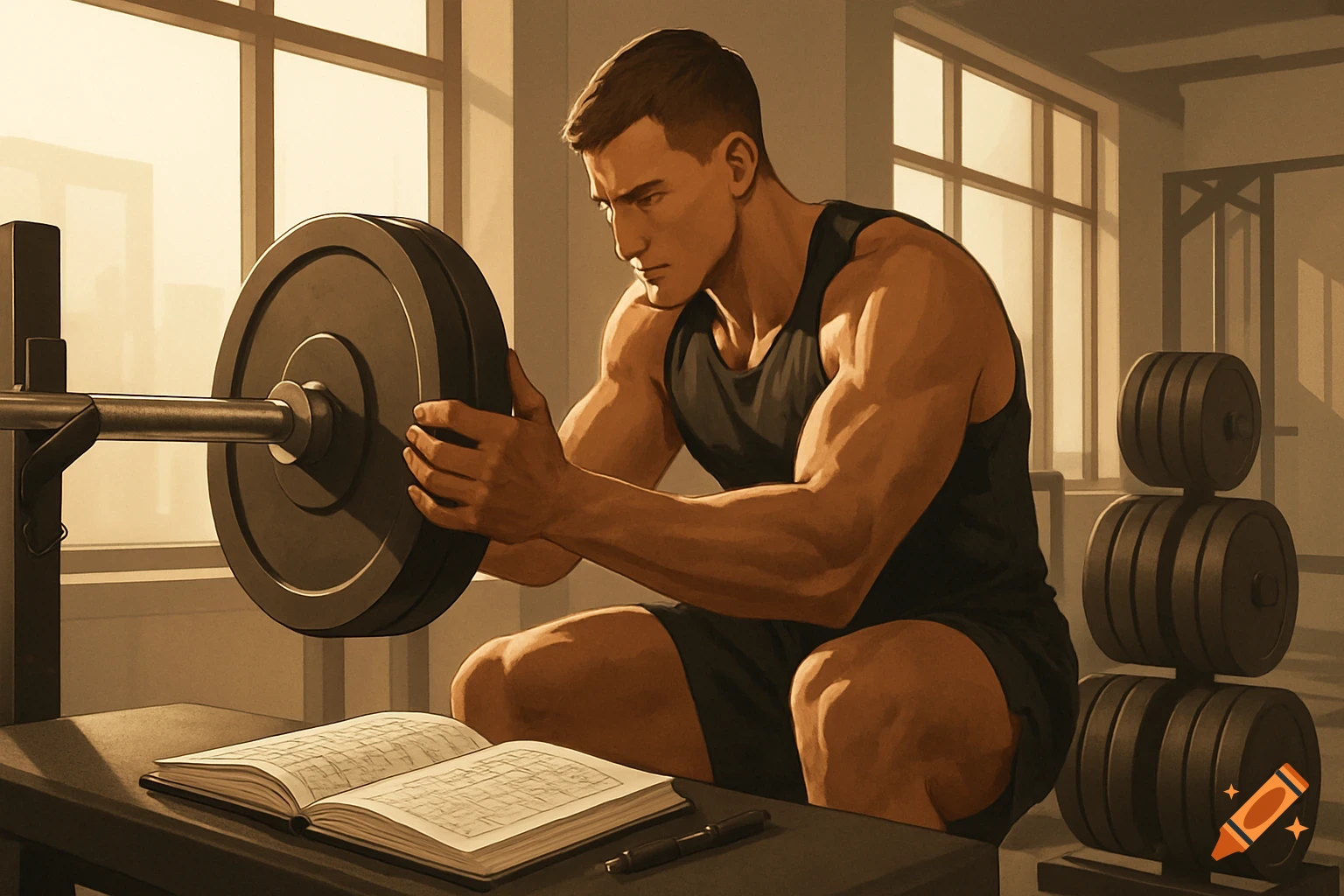 An illustrated muscular man in a gym adding weight plates to a barbell while looking at a notebook.