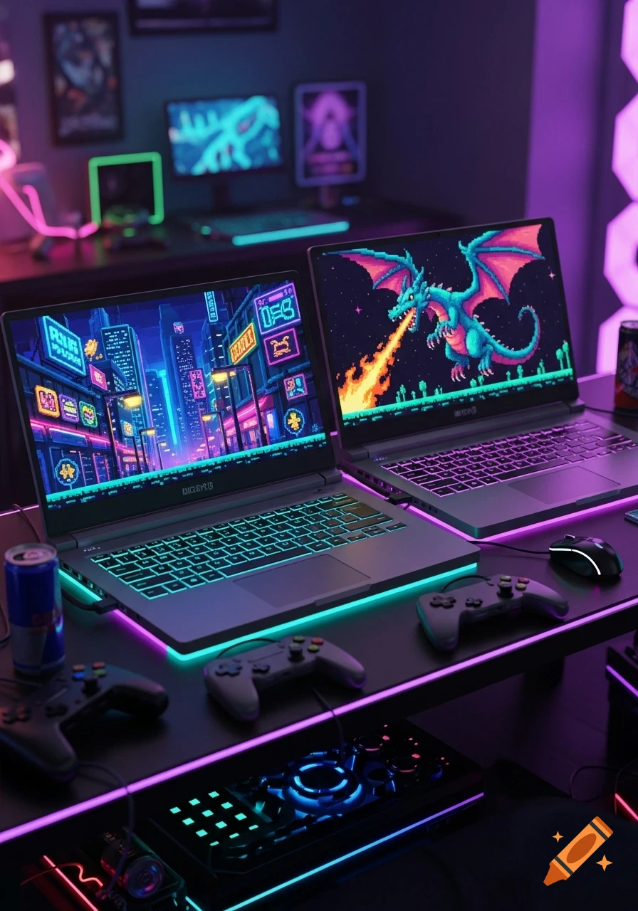 A vibrant neon-lit gaming setup featuring two laptops displaying pixel art games, with multiple controllers and a mouse on a dark desk.