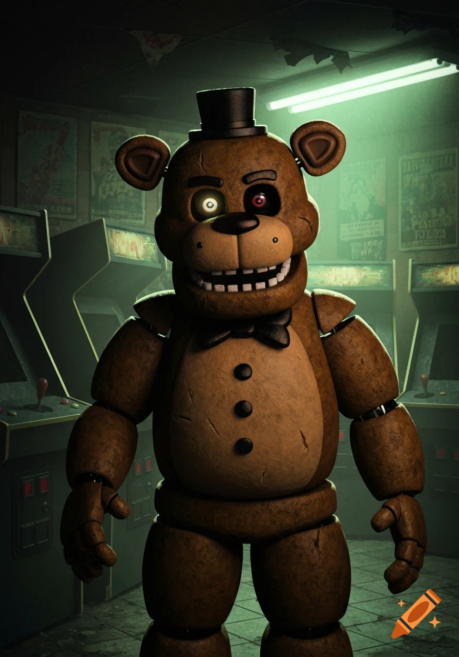 A menacing animatronic bear with a top hat and bowtie stands in a dimly lit arcade with glowing eyes.