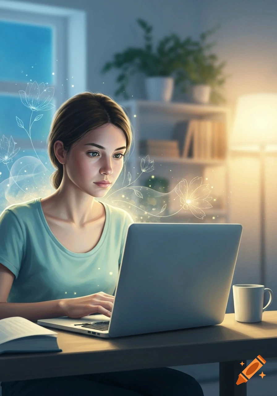 Young woman intently typing on a laptop at a desk, with glowing ethereal flowers around her, digital art style.