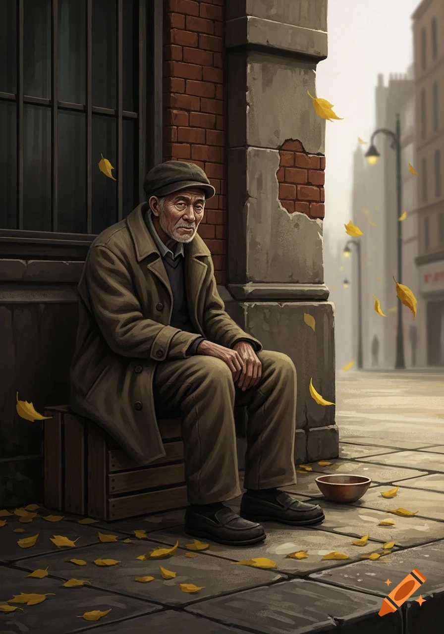 An old man sits on a wooden crate on a city sidewalk, a bowl nearby, surrounded by yellow autumn leaves in a digital painting style.