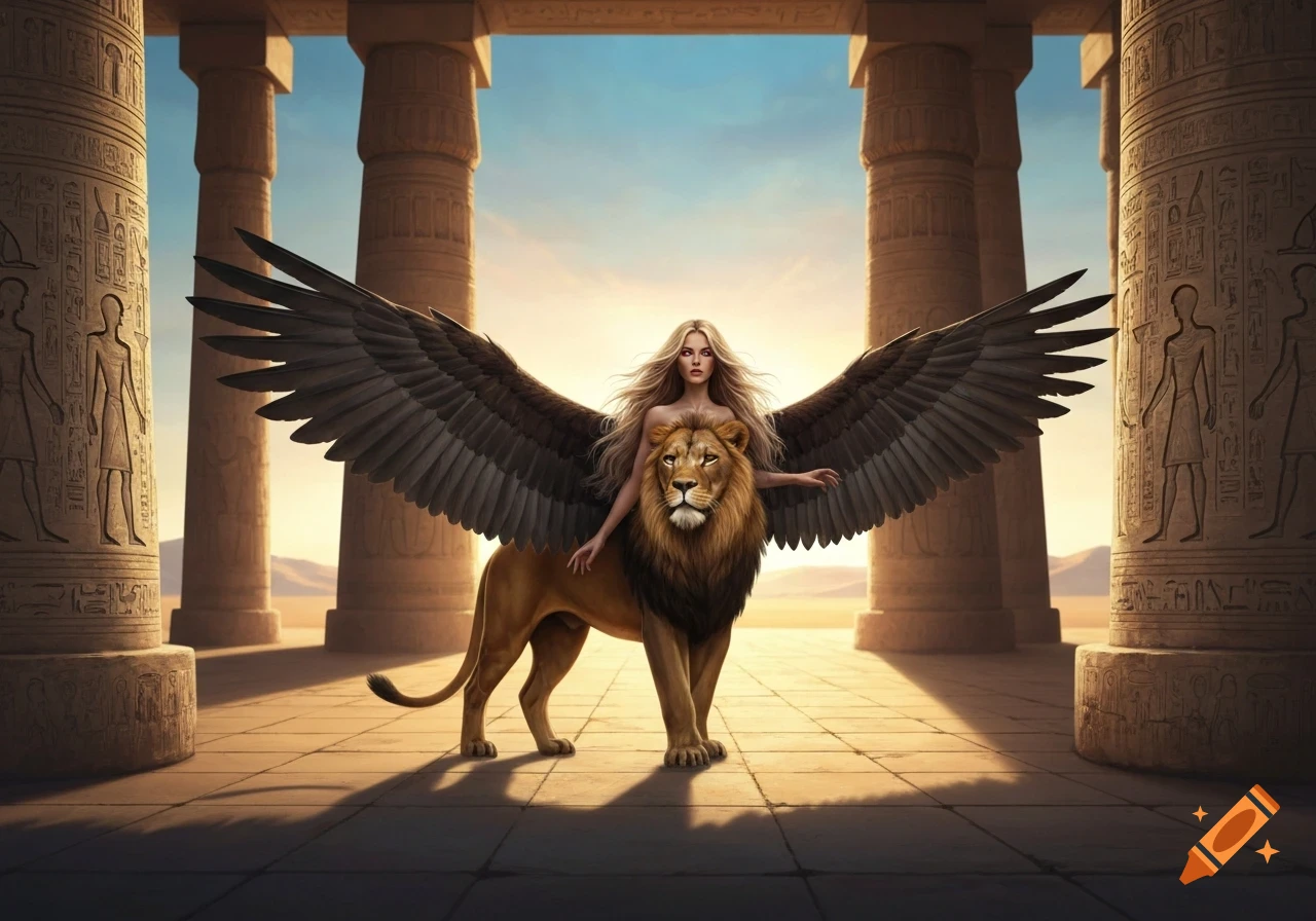 A blonde winged woman with a lion's body stands majestically between ancient Egyptian columns.