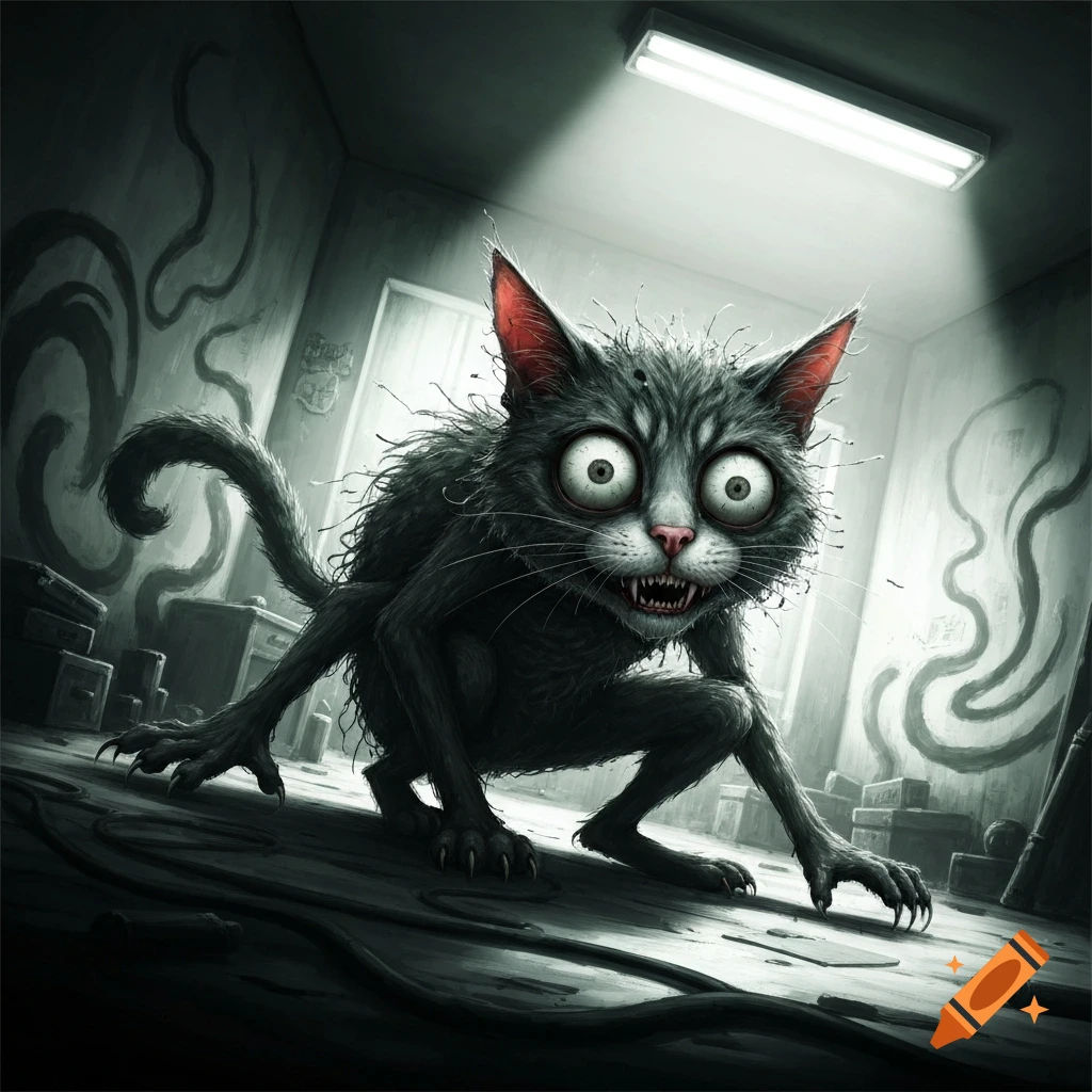 A creepy, wide-eyed grey cat with fangs crouches in a dark, eerie room with squiggly patterns and an overhead light.
