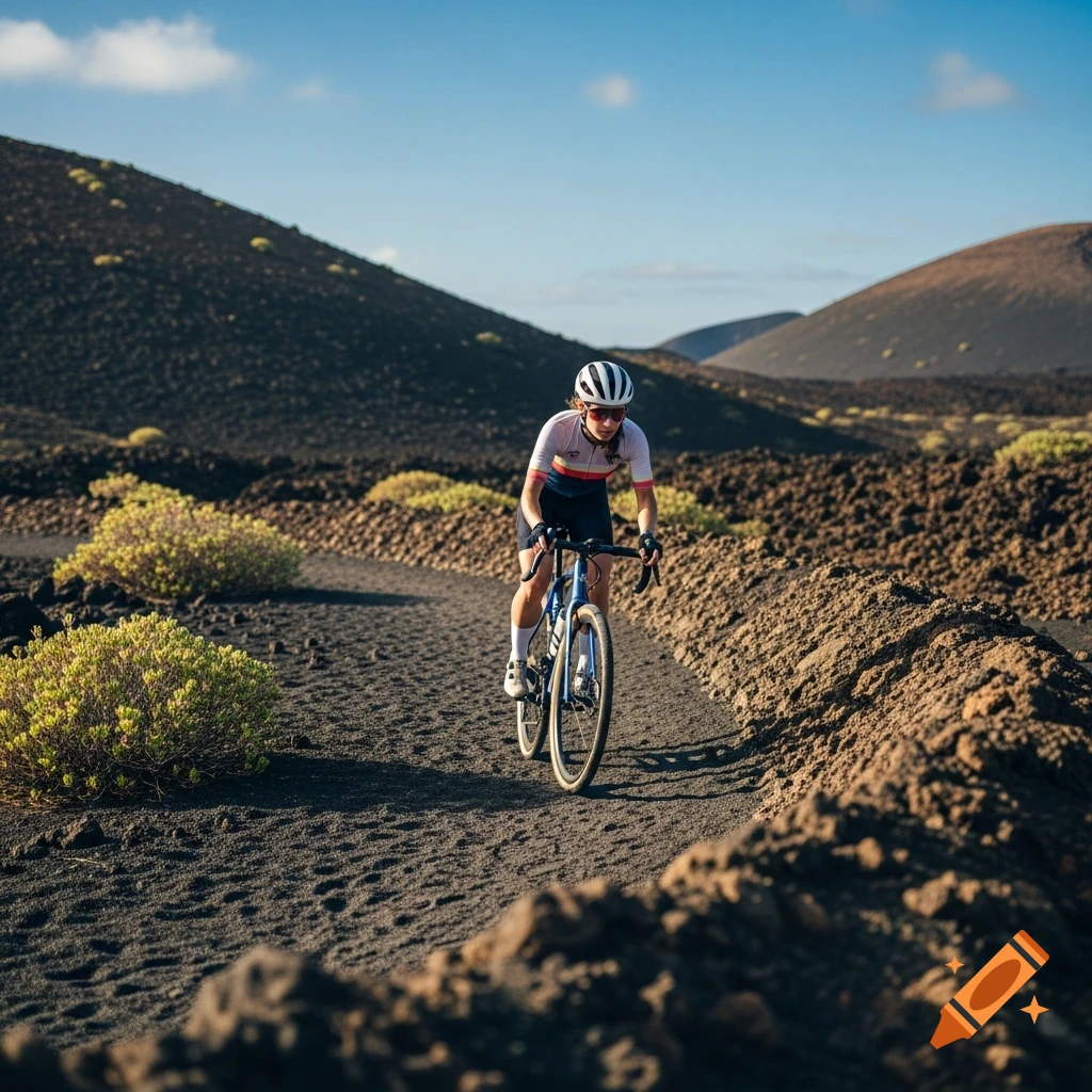 A female cyclist rides a blue gravel bike on a dark, volcanic path with green bushes and hills under a clear blue sky.