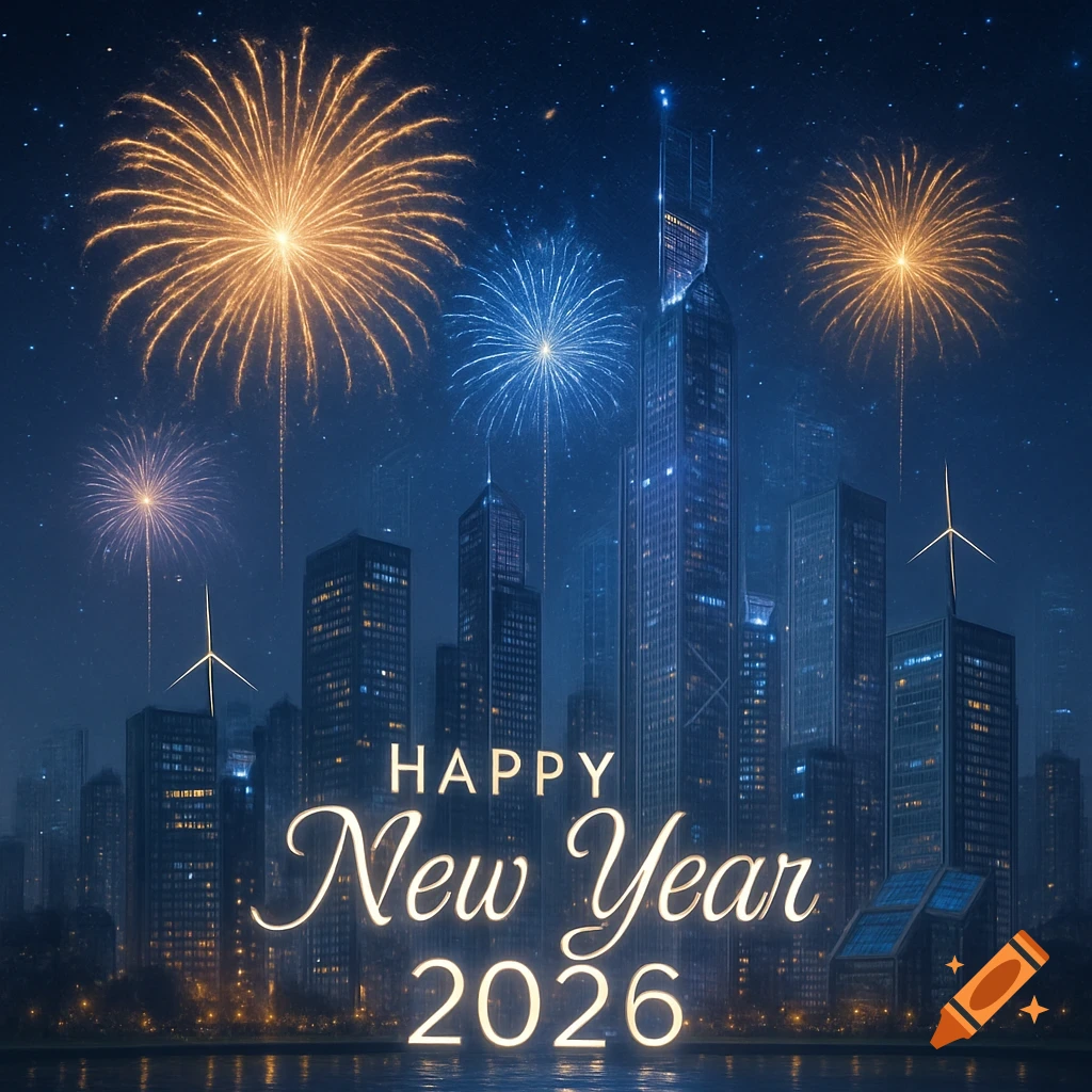 A photorealistic city skyline at night with fireworks exploding over skyscrapers. The text 'Happy New Year 2026' is prominent in the foreground.